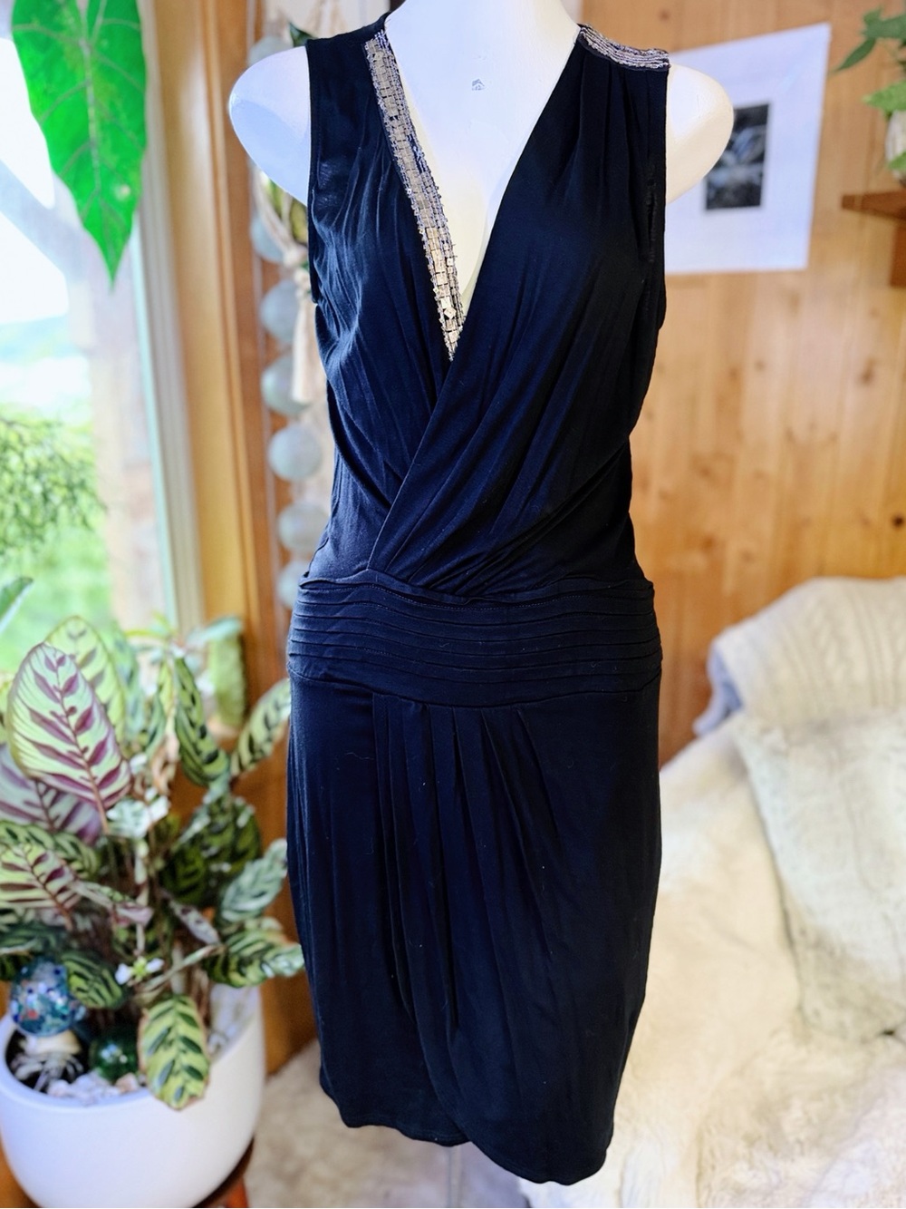 Ella Moss Black Beaded Draped Cocktail Dress Size M NWT MSRP $177